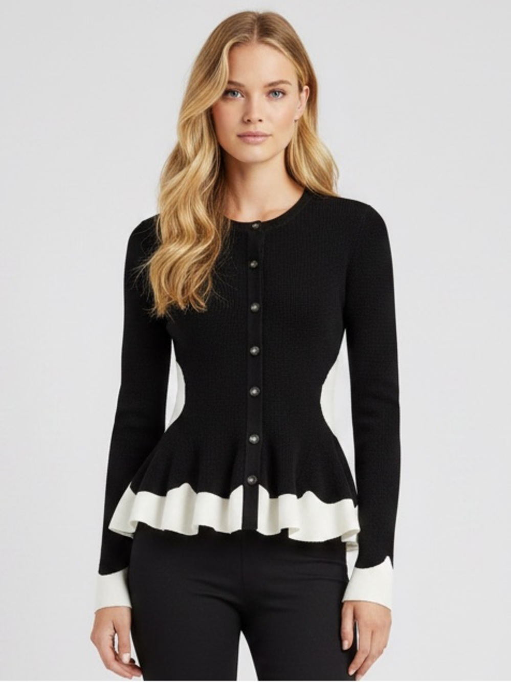 Commense Contrast Ruffle Hem Button Cardigan